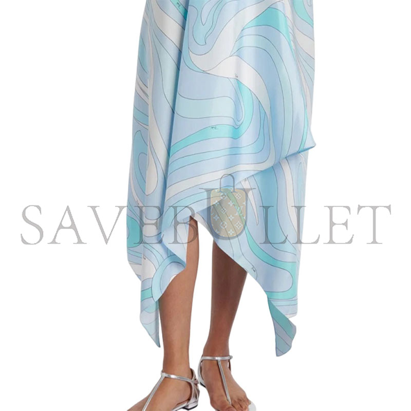 PUCCI BLUE MARMO ASYMMETRIC SILK TWILL MIDI DRESS 